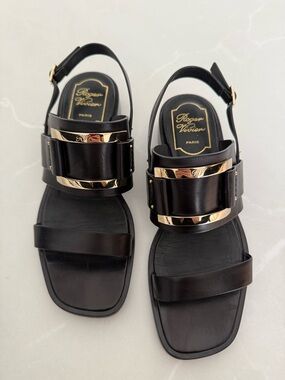 Roger Vivier Black Leather Sandals with Gold Accents